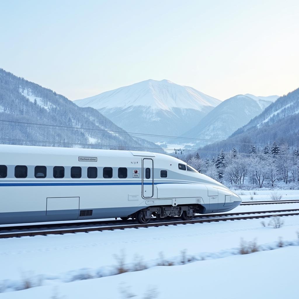 Tàu Shinkansen chạy giữa khung cảnh tuyết trắng xóa ở Nhật Bản vào tháng 2, biểu tượng cho giao thông mùa đông hiệu quả